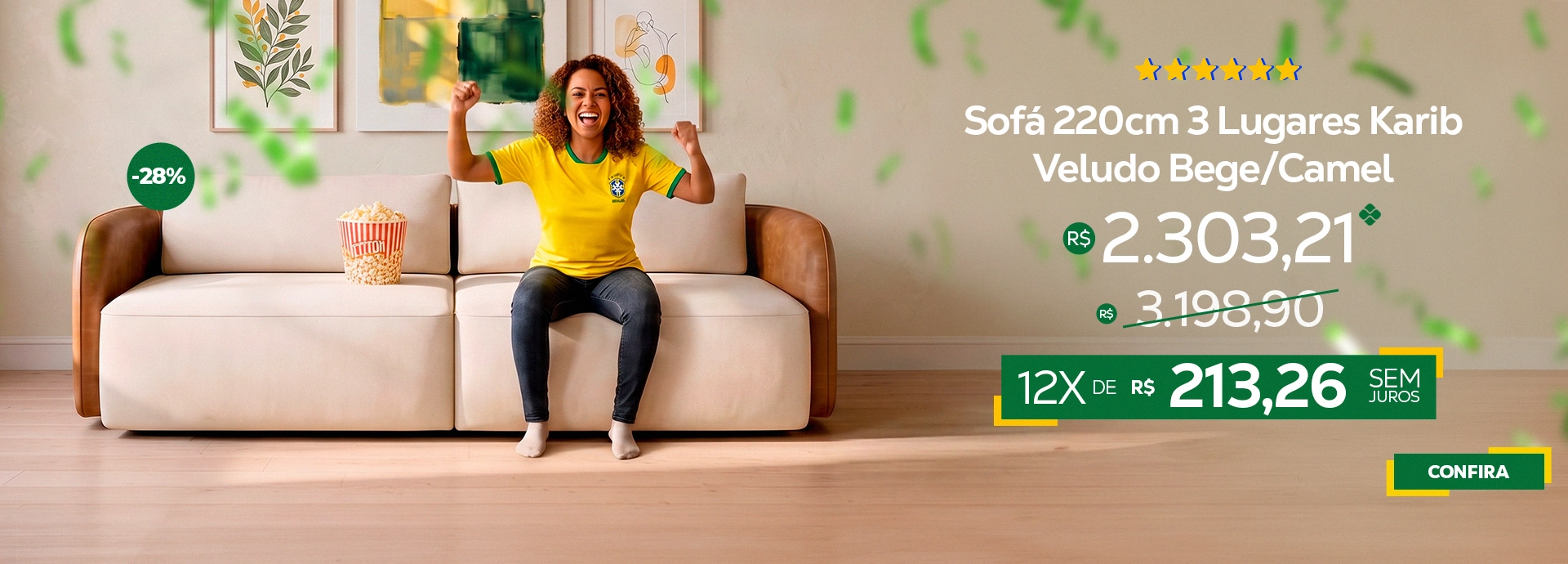 Copa do Mundo - Sofá Karib 220cm Bege/Camel