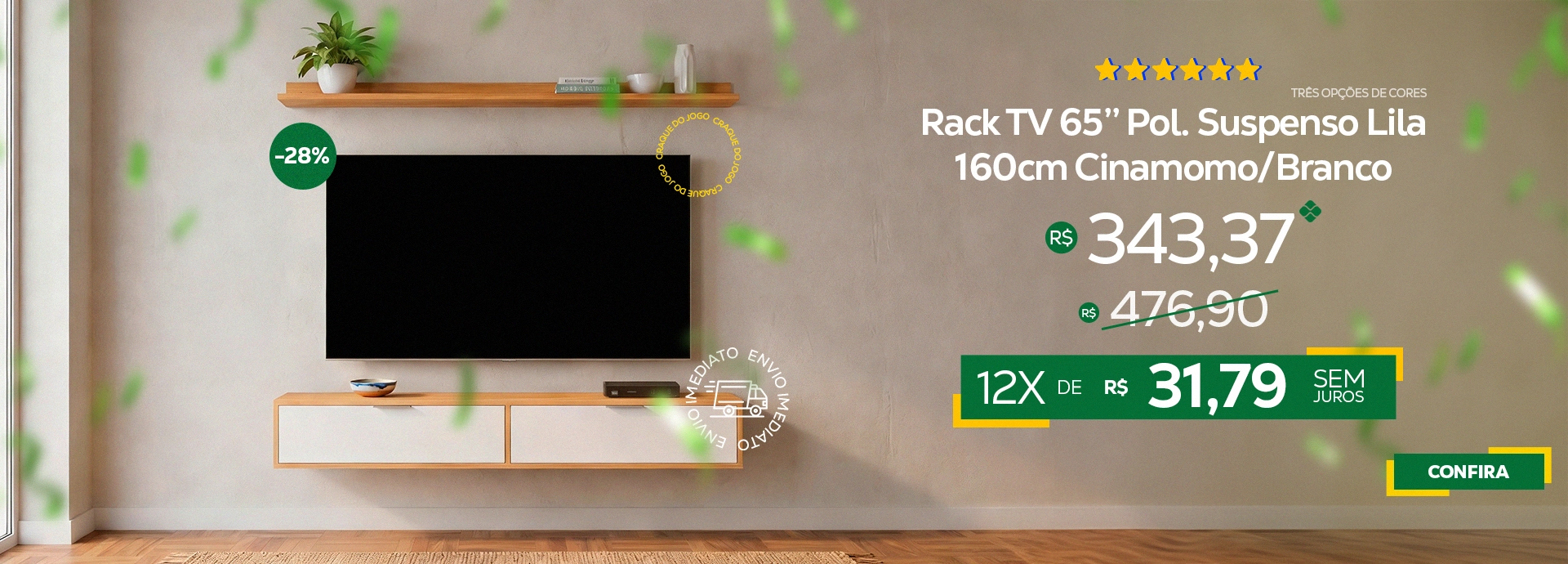Copa do Mundo - Rack TV 65'' Susp. 160cm Bran/Cina