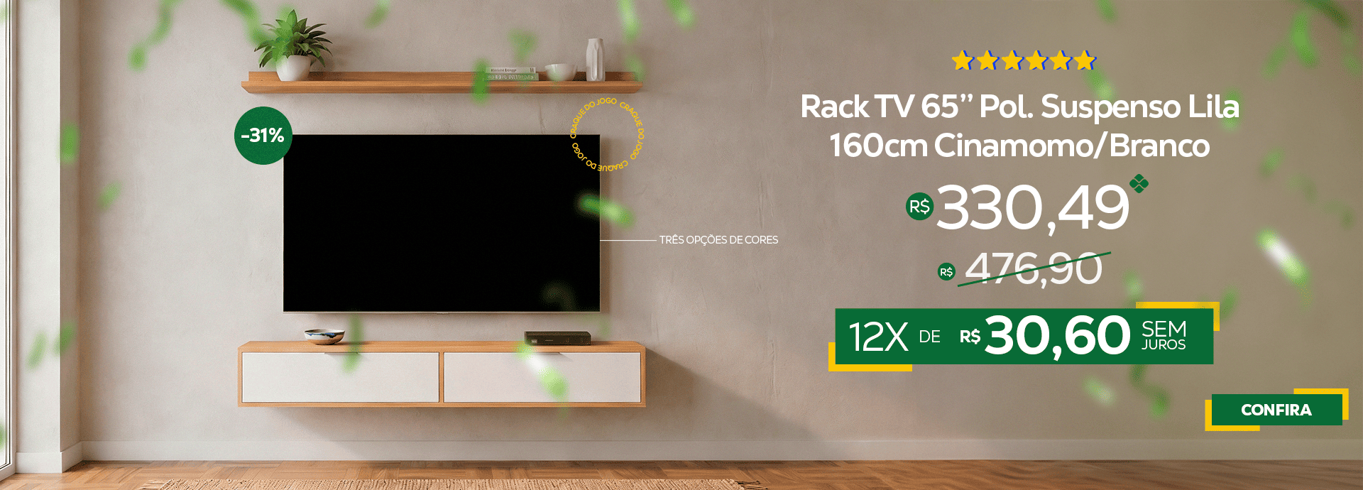 Copa do Mundo - Rack TV 65'' Susp. 160cm Bran/Cina