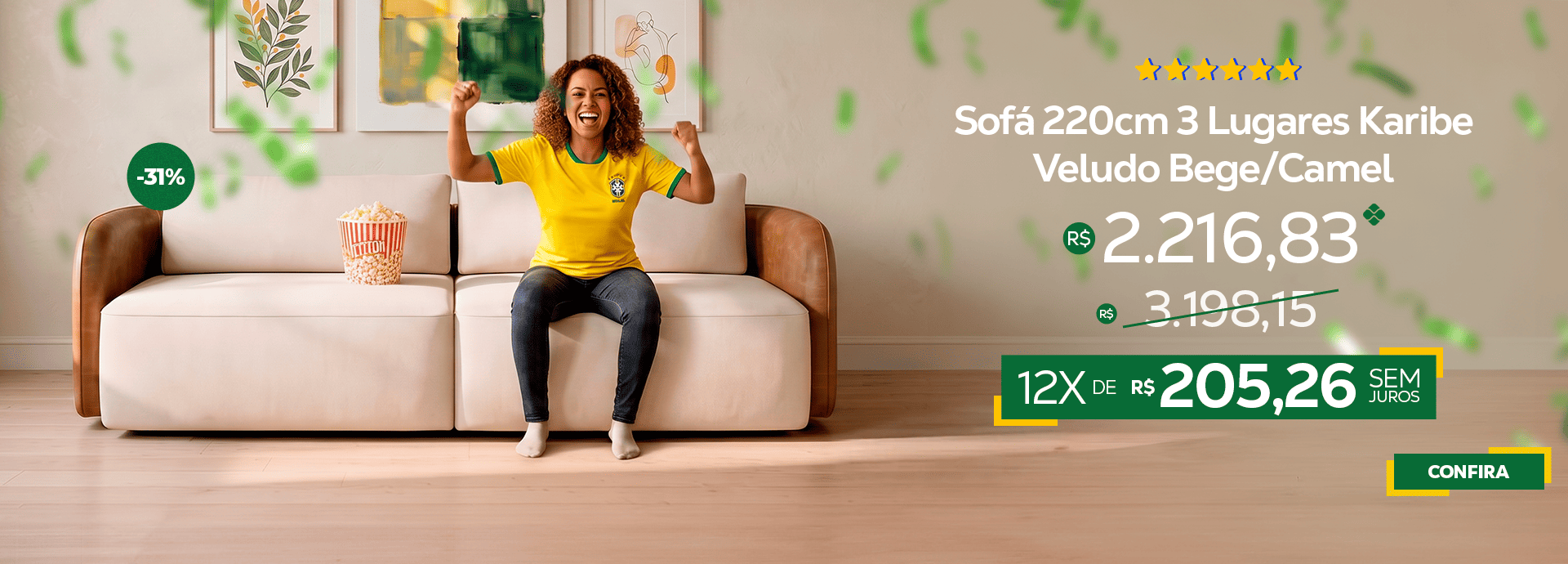 Copa do Mundo - Sofá Karib 220cm Bege/Camel