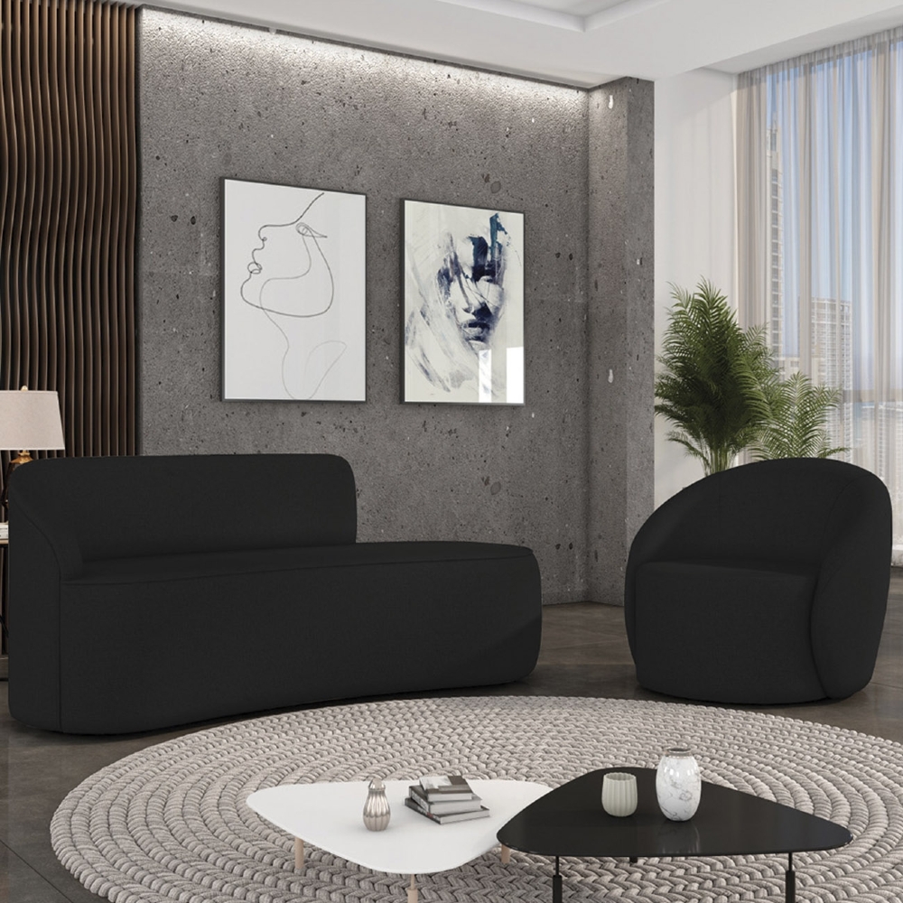 Sofá 3 Lugares 180cm Wendi e Poltrona Steve Linho Preto I01  - Mpozenato
