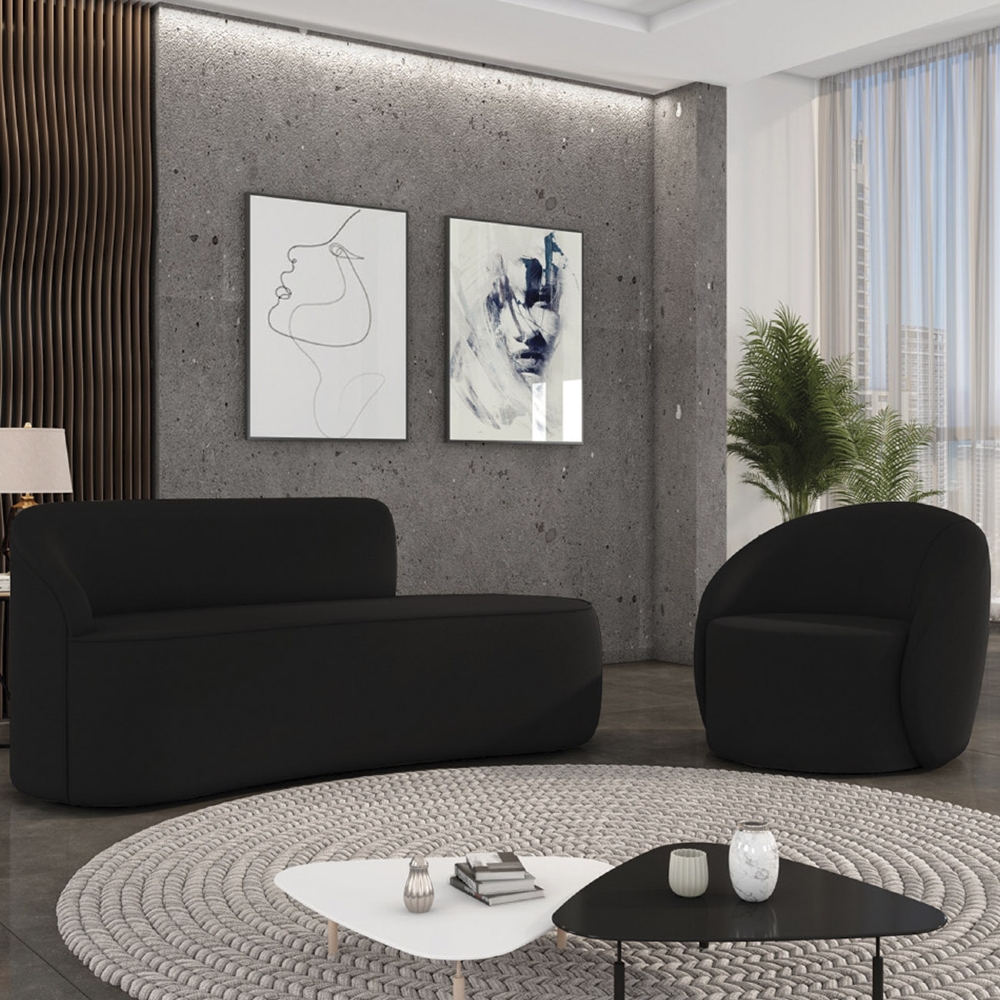 Sofá 2 Lugares 140cm Wendi e Poltrona Steve Suede Preto I01  - Mpozenato