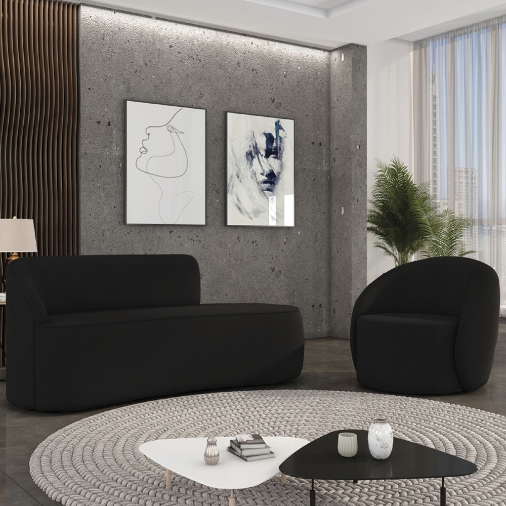 Sofá 3 Lugares 180cm Wendi e Poltrona Steve Suede Preto I01  - Mpozenato