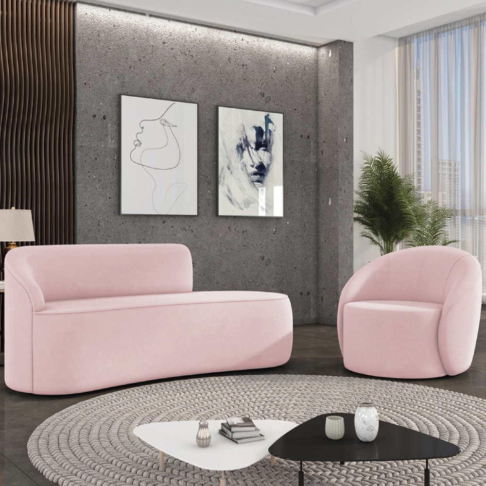 Sofá 3 Lugares 180cm Wendi e Poltrona Steve Suede Rosa Bebê I01  - Mpozenato