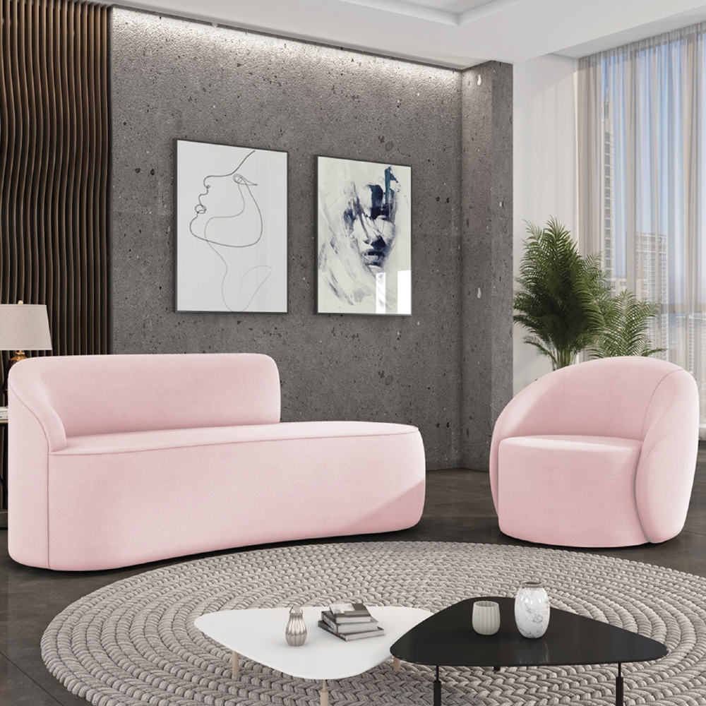 Sofá 2 Lugares 140cm Wendi e Poltrona Steve Suede Rosa Bebê I01  - Mpozenato