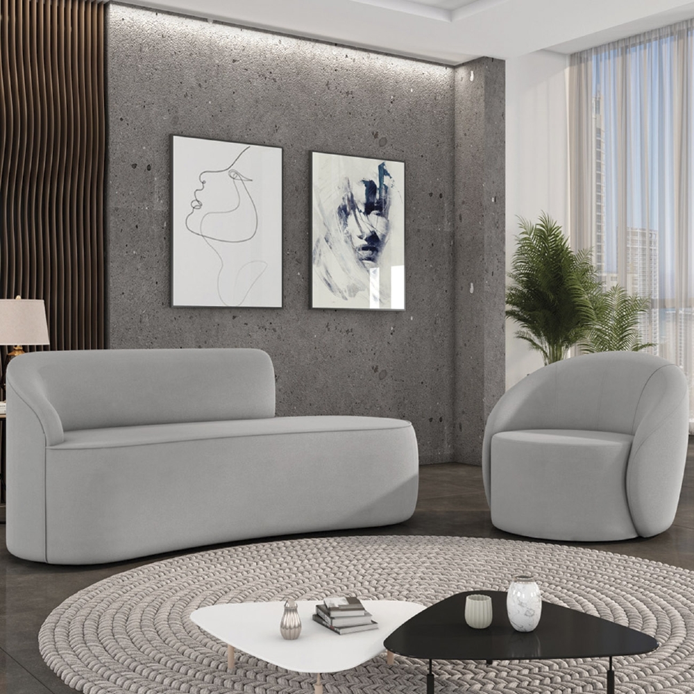 Sofá 4 Lugares 220cm Wendi e Poltrona Steve Suede Cinza I01  - Mpozenato