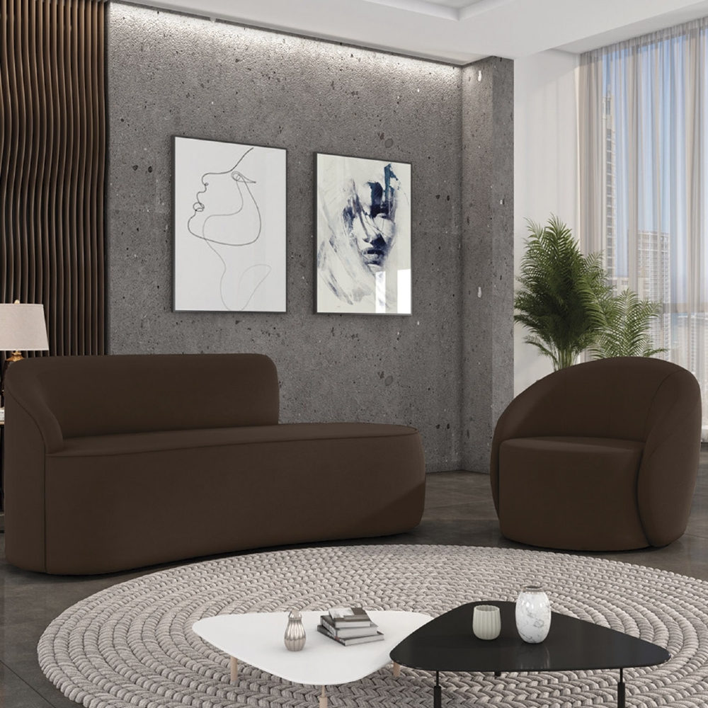 Sofá 3 Lugares 180cm Wendi e Poltrona Steve Suede Marrom I01  - Mpozenato