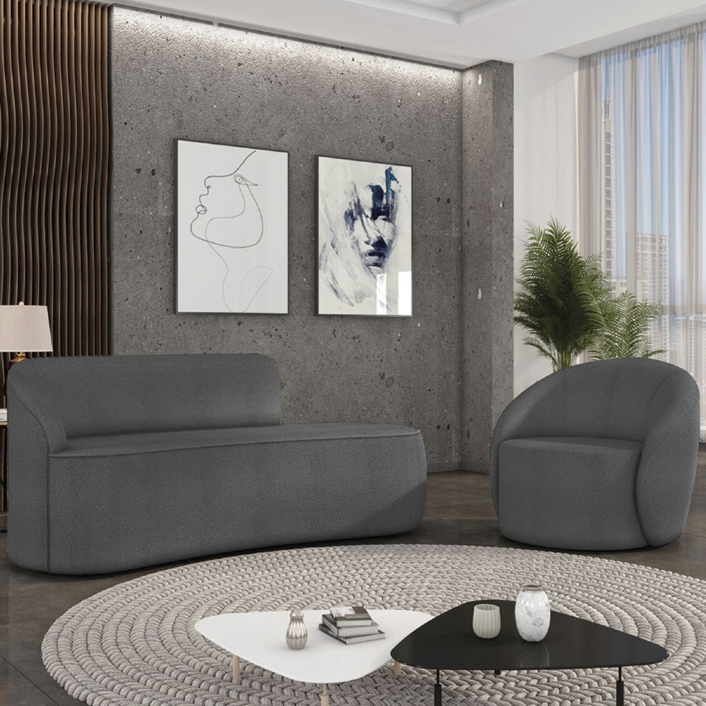 Sofá 3 Lugares 180cm Wendi e Poltrona Steve Boucle Grafite I01  - Mpozenato