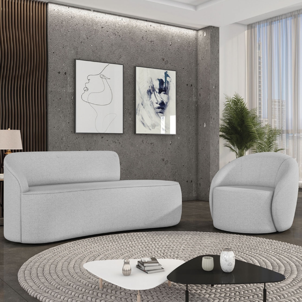 Sofá 3 Lugares 180cm Wendi e Poltrona Steve Linho Cinza I01  - Mpozenato