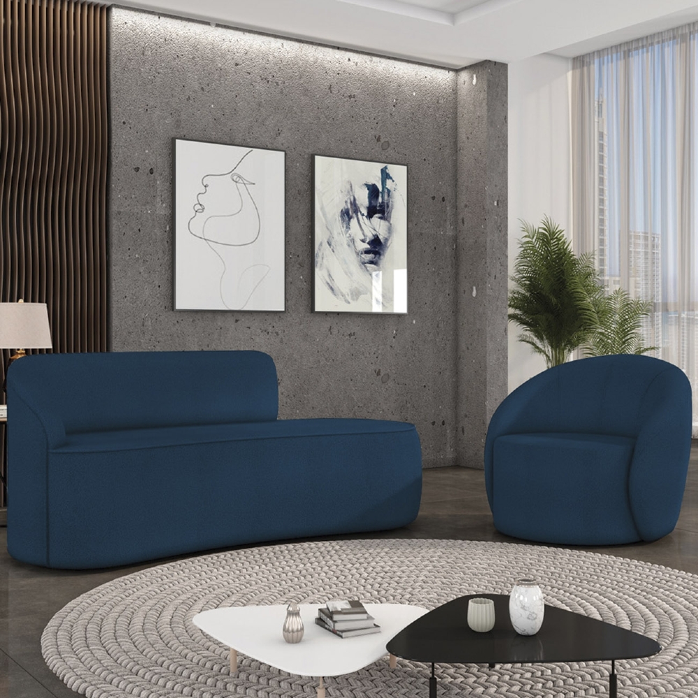 Sofá 4 Lugares 220cm Wendi e Poltrona Steve Boucle Azul I01  - Mpozenato