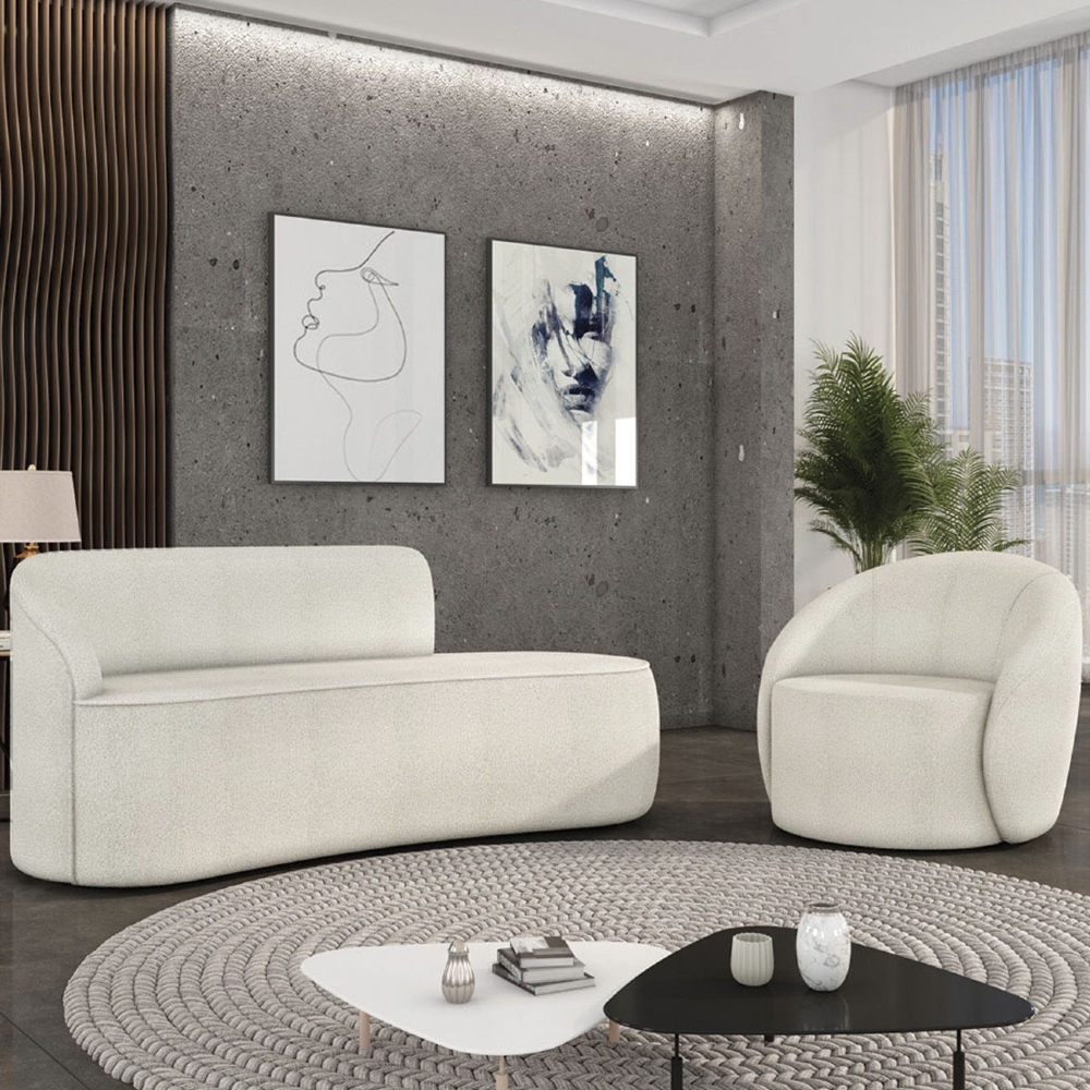 Sofá 3 Lugares 180cm Wendi e Poltrona Steve Boucle Off White I01  - Mpozenato