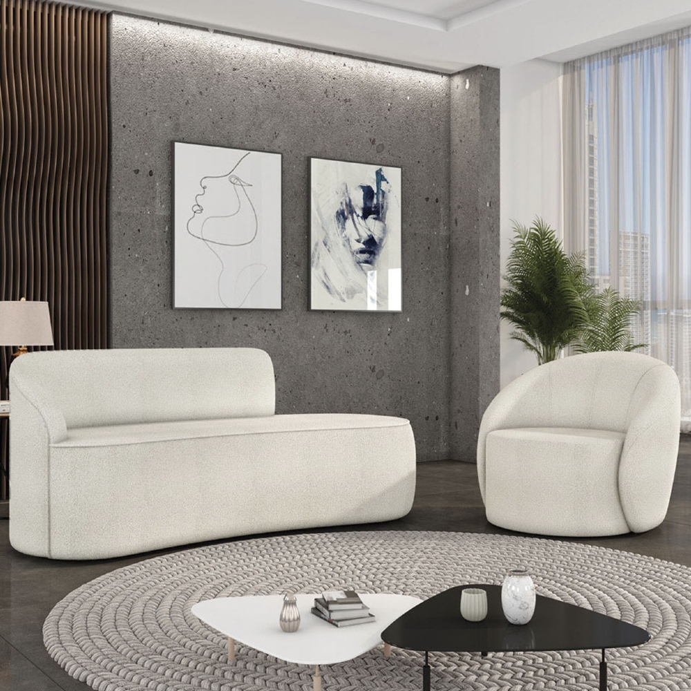 Sofá 2 Lugares 140cm Wendi e Poltrona Steve Boucle Off White I01  - Mpozenato
