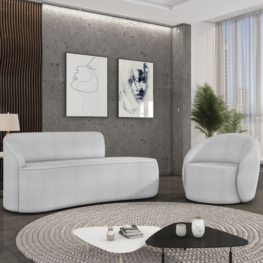 Sofá 2 Lugares 140cm Wendi e Poltrona Steve Boucle Cinza I01  - Mpozenato