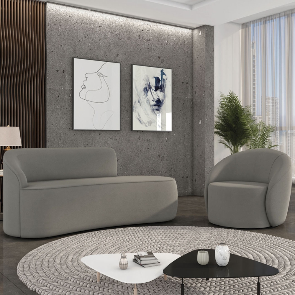 Sofá 2 Lugares 140cm Wendi e Poltrona Steve Suede Grafite I01  - Mpozenato