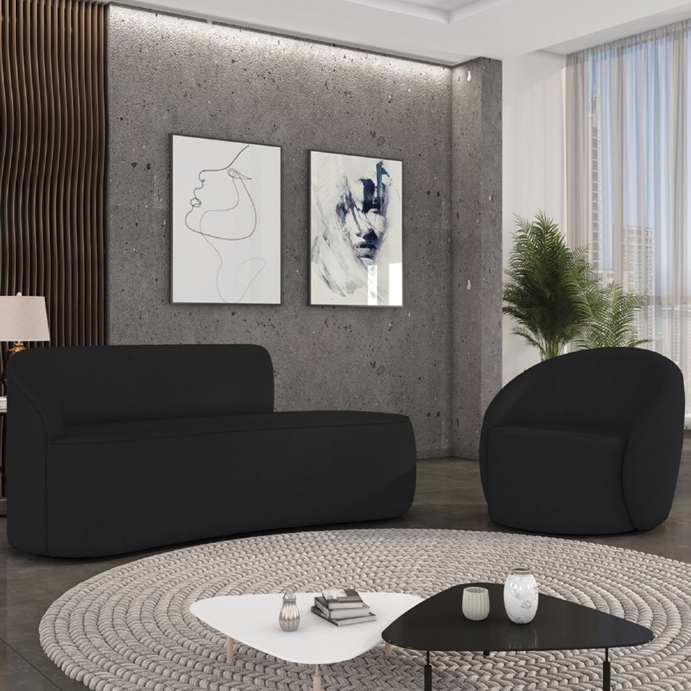 Sofá 2 Lugares 140cm Wendi e Poltrona Steve Linho Preto I01  - Mpozenato