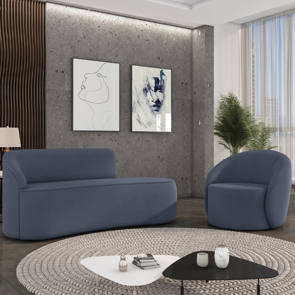 Sofá 3 Lugares 180cm Wendi e Poltrona Steve Suede Azul Marinho I01  - Mpozenato