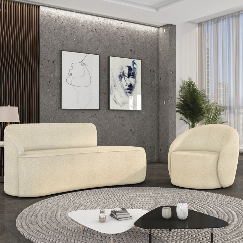 Sofá 2 Lugares 140cm Wendi e Poltrona Steve Boucle Bege I01  - Mpozenato