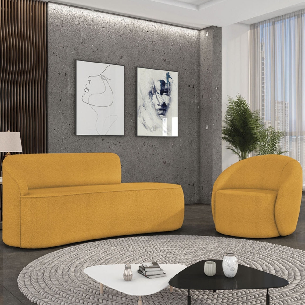 Sofá 3 Lugares 180cm Wendi e Poltrona Steve Boucle Mostarda I01  - Mpozenato
