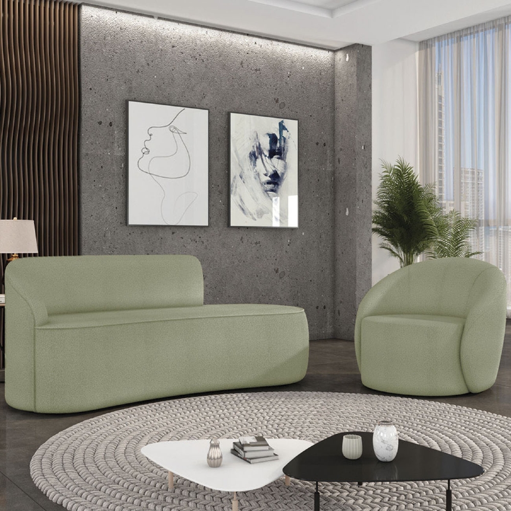 Sofá 2 Lugares 140cm Wendi e Poltrona Steve Boucle Pistache I01  - Mpozenato