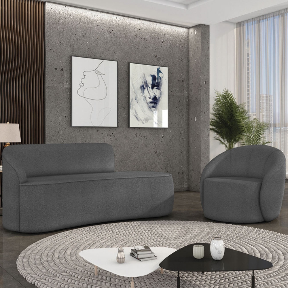 Sofá 2 Lugares 140cm Wendi e Poltrona Steve Boucle Grafite I01  - Mpozenato