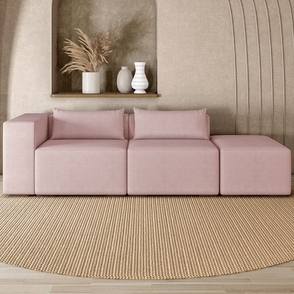 Sofá 5 Lugares 343cm Com Puff Direito Fay Veludo Rose Z55 - Mpozenato