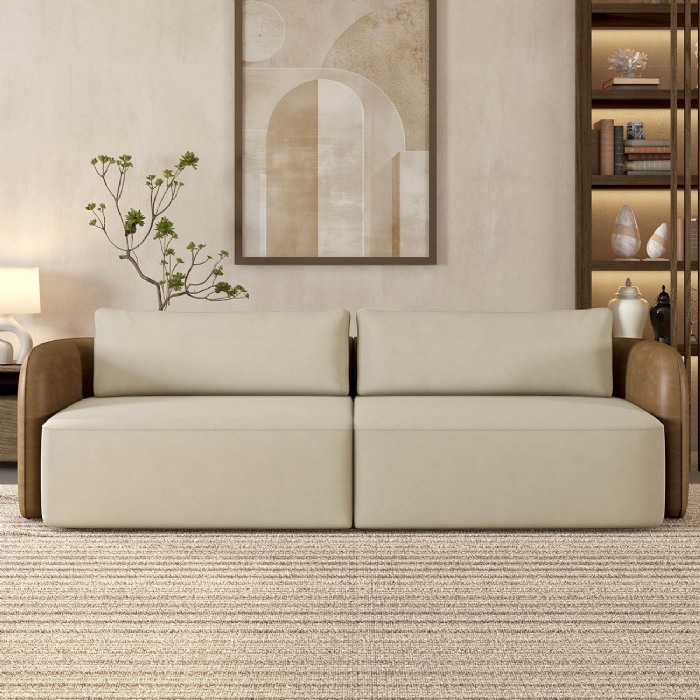 Sofá 3 Lugares 220cm Sala de Estar Karib Veludo Bege/Camel Z08 - Mpozenato