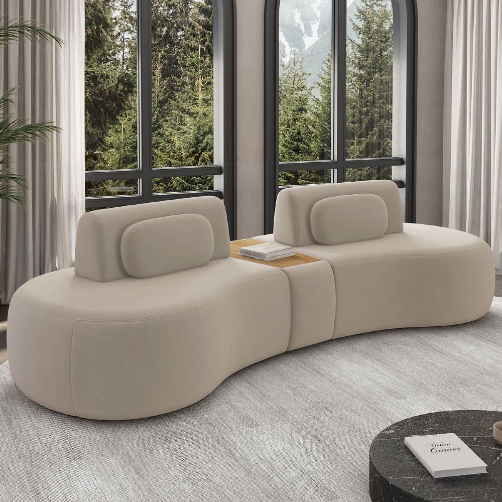 Sofá 4 Lugares 285cm Orgânico Com Mesa Mellanie Veludo Bege Z32 - Mpozenato