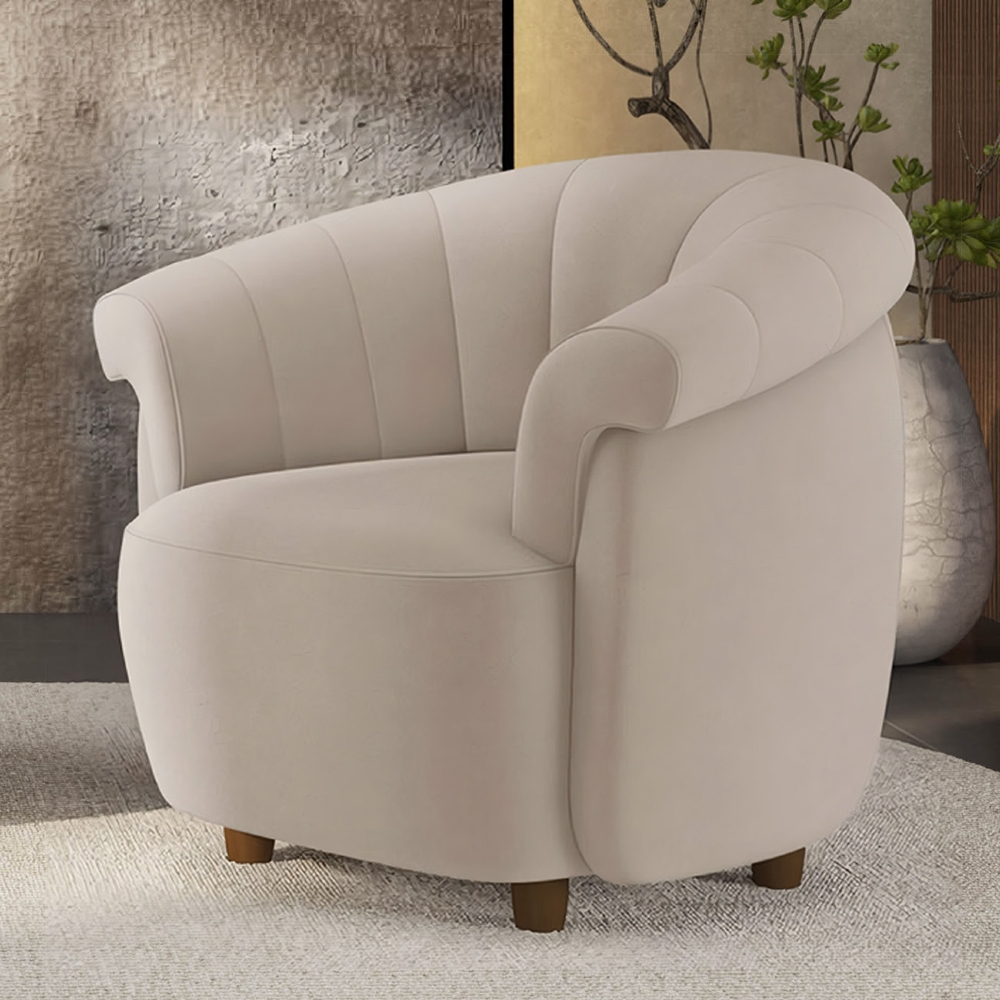 Poltrona Sala de Estar Pé Madeira Lykan Veludo Bege Z32     - Mpozenato