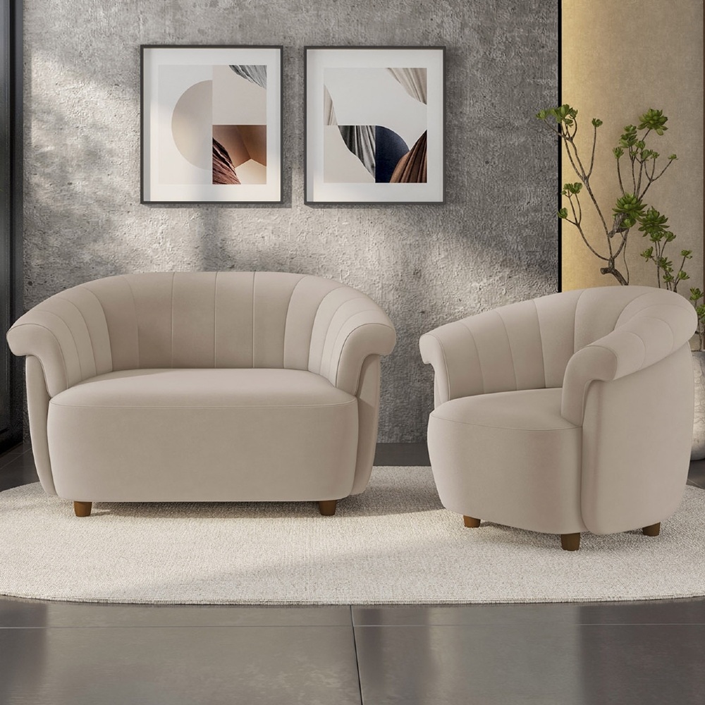 Sofá 2 Lugares 150cm e Poltrona Lykan Veludo Bege Z32       - Mpozenato