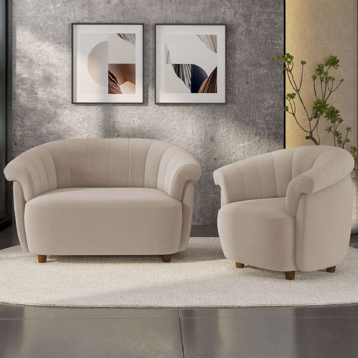 Sofá 2 Lugares 150cm e Poltrona Lykan Veludo Bege Z32       - Mpozenato