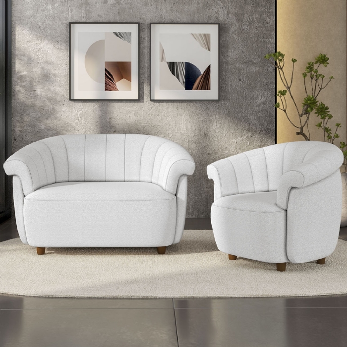 Sofá 2 Lugares 150cm e Poltrona Lykan Boucle Cru Z32        - Mpozenato