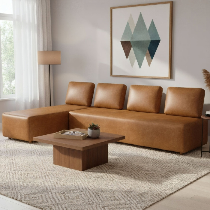 Sofá 4 Lugares Com Chaise 296cm Rovier Sintético Caramelo Z32 - Mpozenato