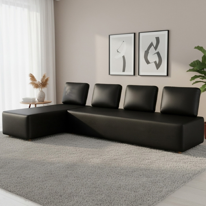 Sofá 4 Lugares Com Chaise 296cm Rovier Sintético Preto Z32 - Mpozenato