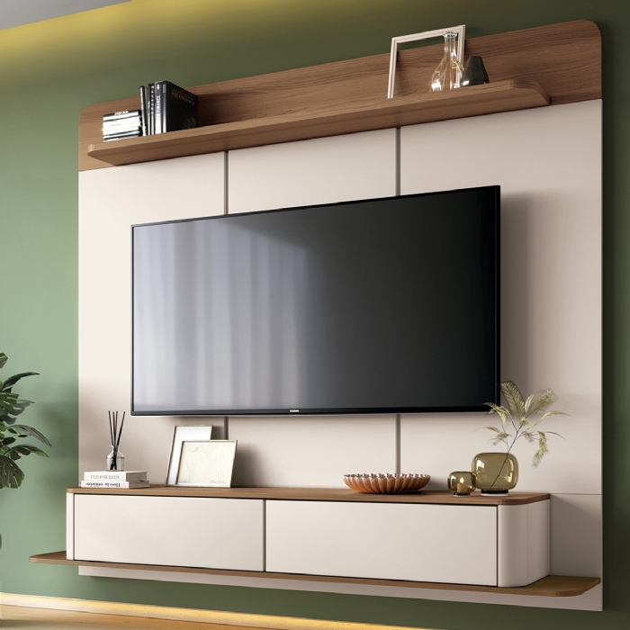 Painel TV 70 Pol 180cm Bancada Suspensa Galax Off/Castanho - HB Móveis