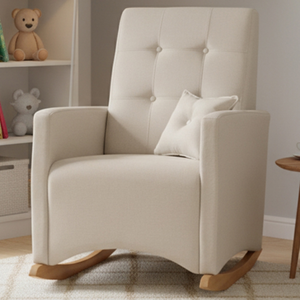 Poltrona Amamentação Base Madeira Balanço Lola Linho Bege F03 - Mpozenato