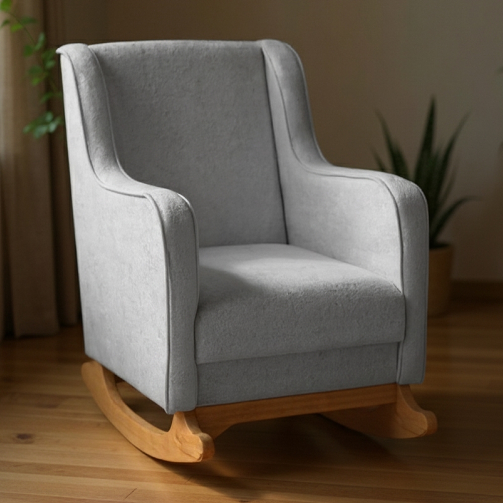 Poltrona Amamentação Base Madeira Balanço Vick Bouclê Cinza F03 - Mpozenato