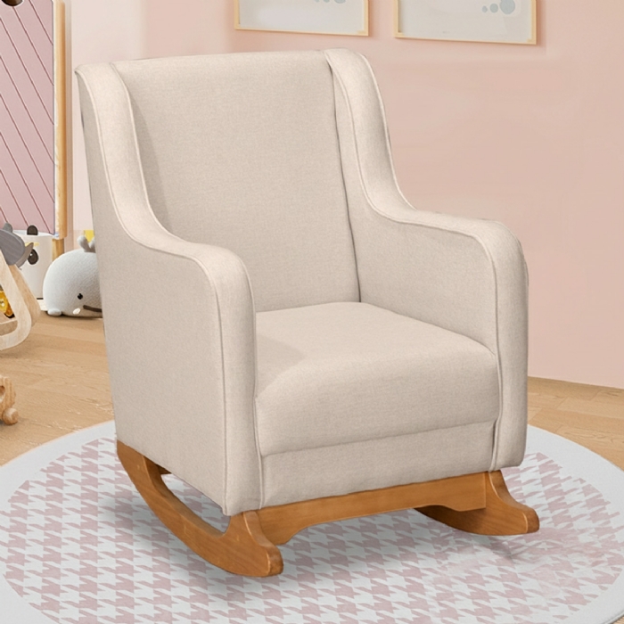 Poltrona Amamentação Base Madeira Balanço Vick Linho Bege F03 - Mpozenato