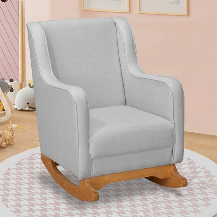 Poltrona Amamentação Base Madeira Balanço Vick Linho Cinza F03 - Mpozenato