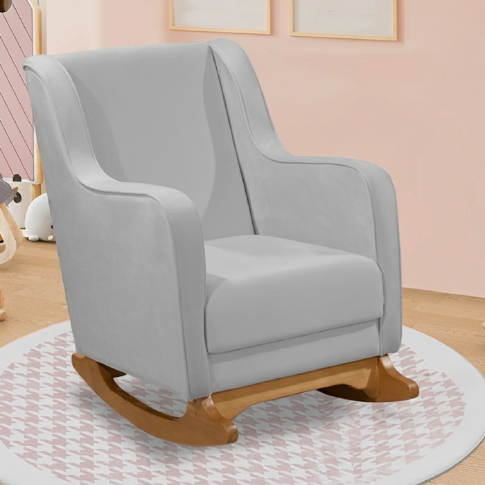 Poltrona Amamentação Base Madeira Balanço Vick Veludo Cinza F03 - Mpozenato