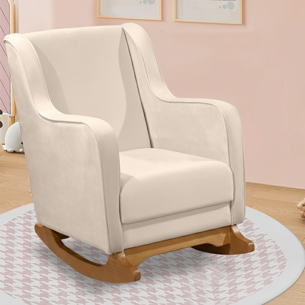 Poltrona Amamentação Base Madeira Balanço Vick Veludo Off F03 - Mpozenato