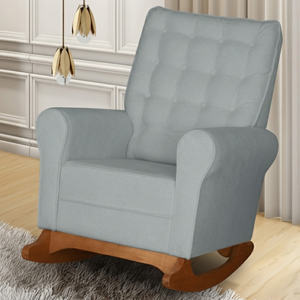 Poltrona Amamentação Base Madeira Balanço Maju Bouclê Cinza F03 - Mpozenato