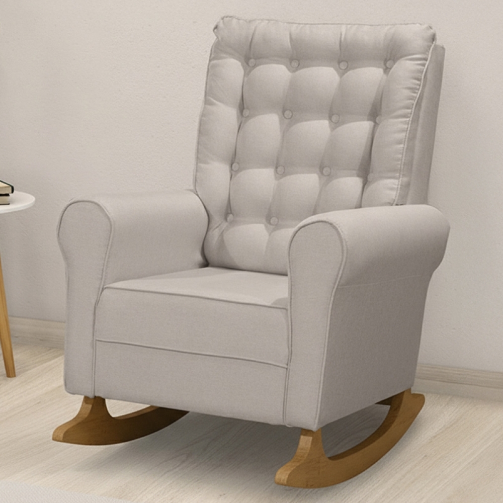 Poltrona Amamentação Base Madeira Balanço Maju Linho Bege F03 - Mpozenato