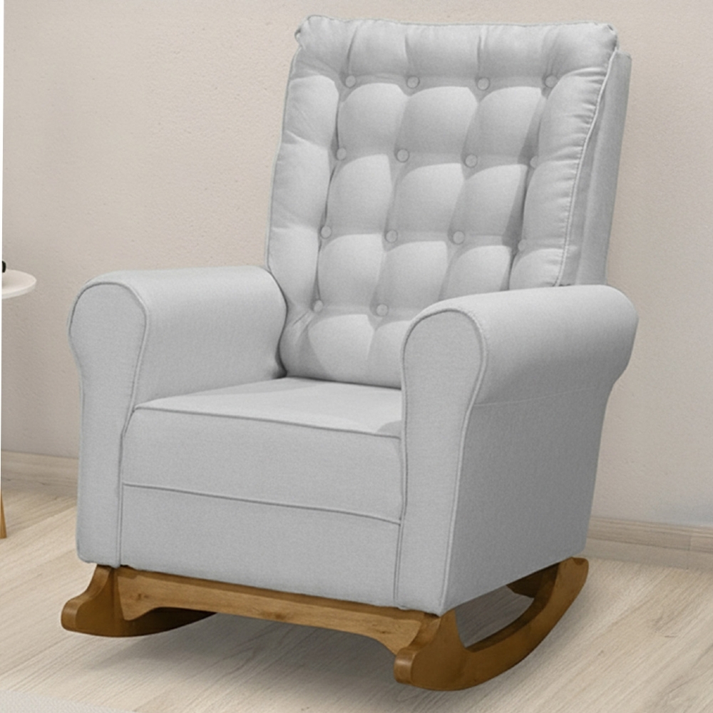 Poltrona Amamentação Base Madeira Balanço Maju Linho Cinza F03 - Mpozenato