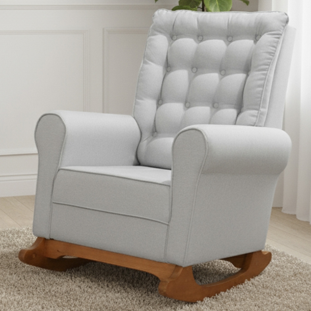 Poltrona Amamentação Base Madeira Balanço Maju Veludo Cinza F03 - Mpozenato