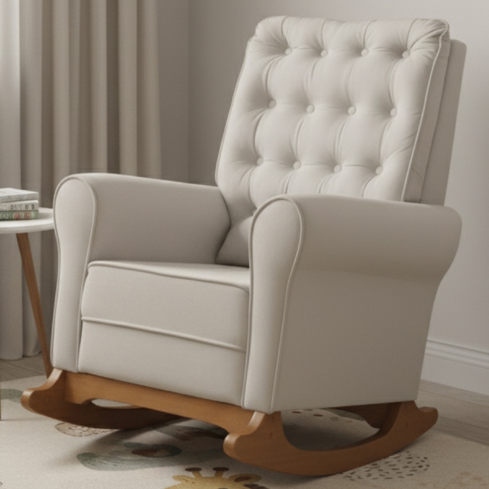 Poltrona Amamentação Base Madeira Balanço Maju Veludo Off F03 - Mpozenato