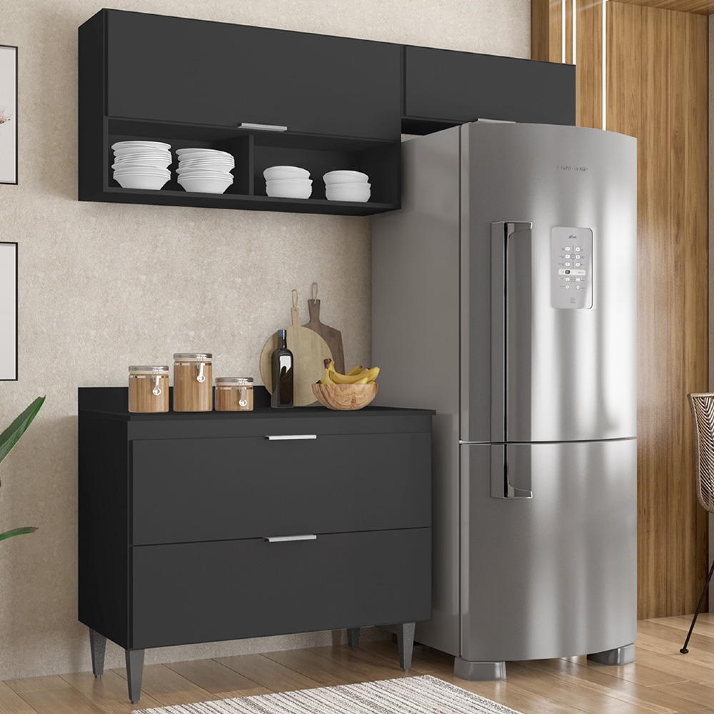 Armário de Cozinha Com Tampo CP03 170cm Pérola Preto Z34      - Mpozenato