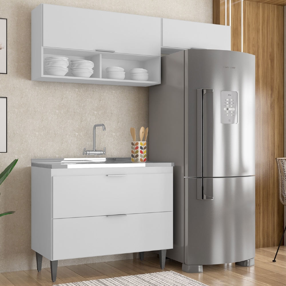 Armário de Cozinha CP03 Com Pia 100cm Pérola Z34 Branco     - Mpozenato