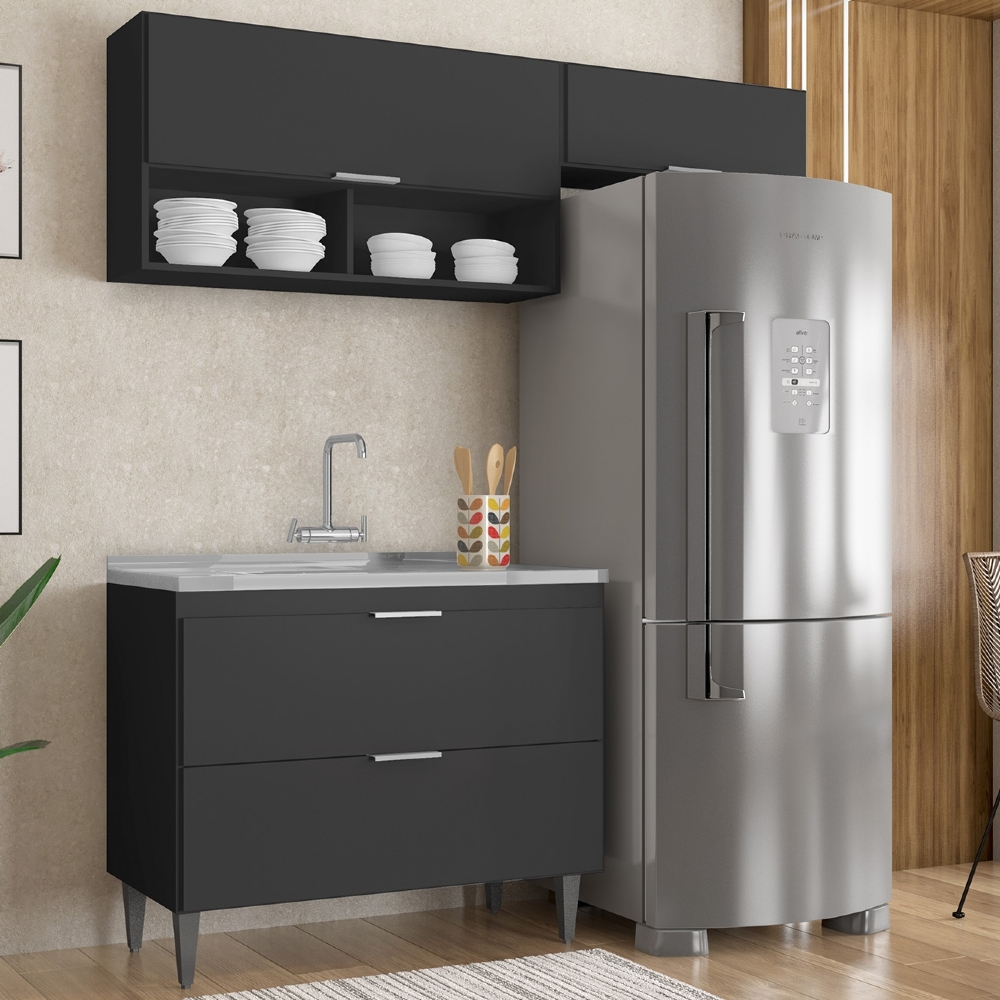 Armário de Cozinha CP03 Com Pia 100cm Pérola Z34 Preto      - Mpozenato