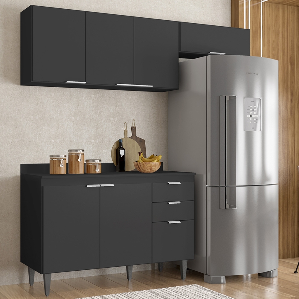 Armário de Cozinha Com Tampo CP03 190cm Pérola Preto Z34      - Mpozenato