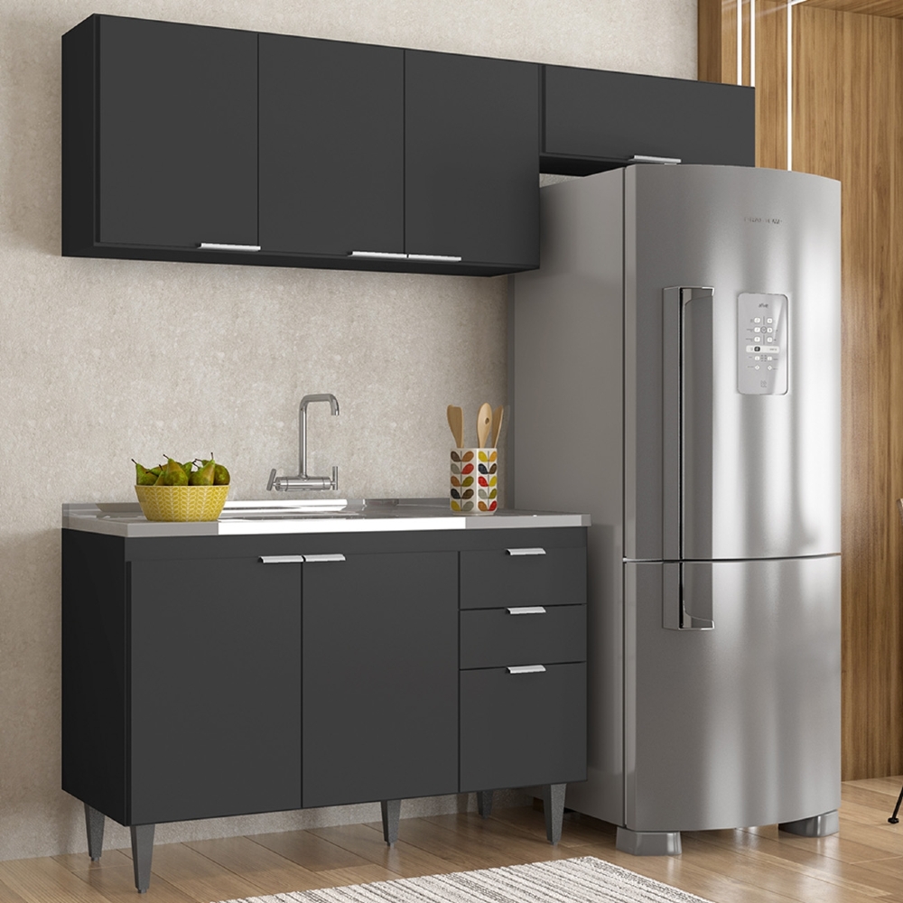 Armário de Cozinha CP03 Com Pia 120cm Pérola Z34 Preto      - Mpozenato